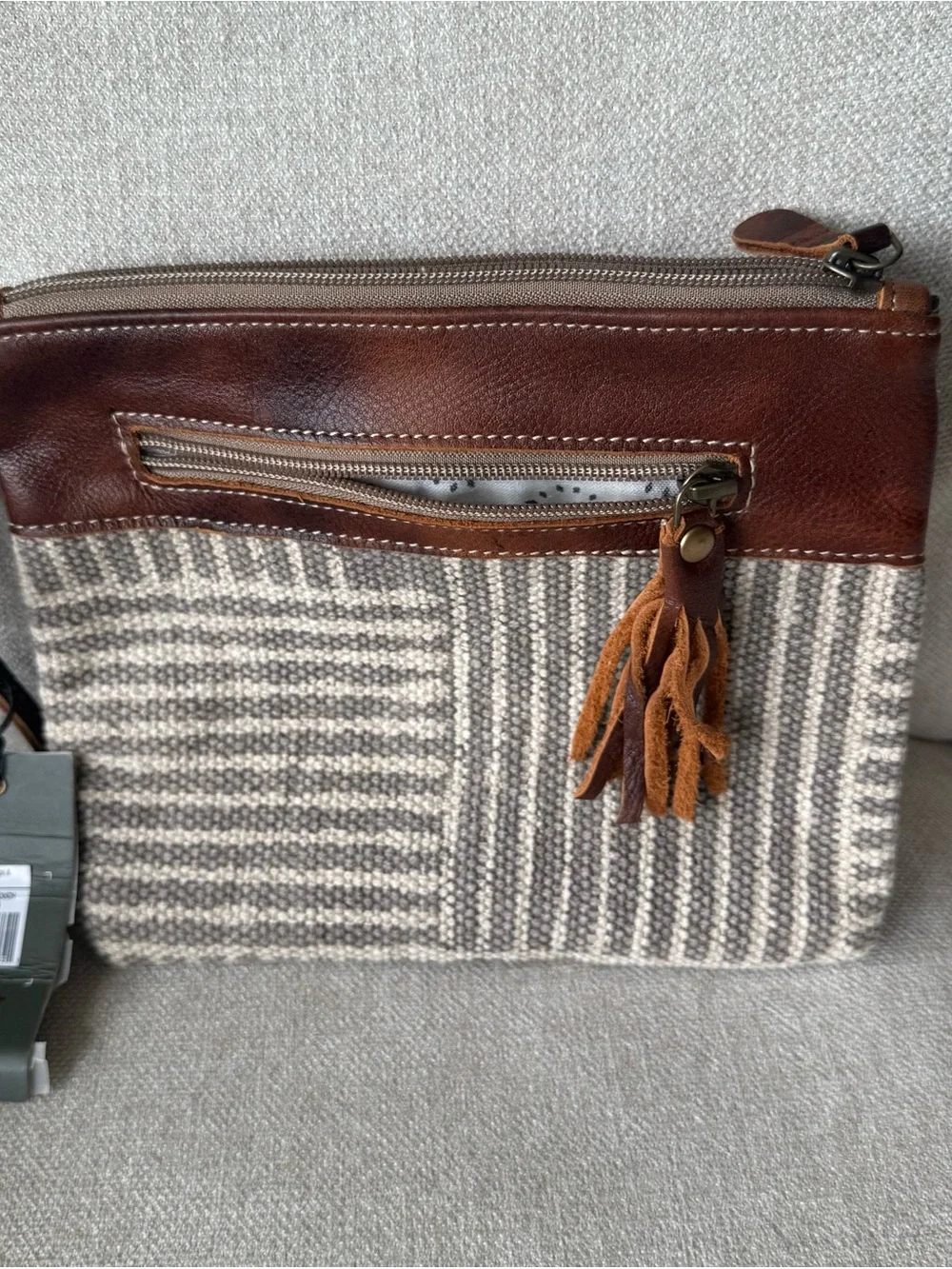 Myra Bag Brown Leather & Beige Gray Woven Wristlet Clutch with Tassel